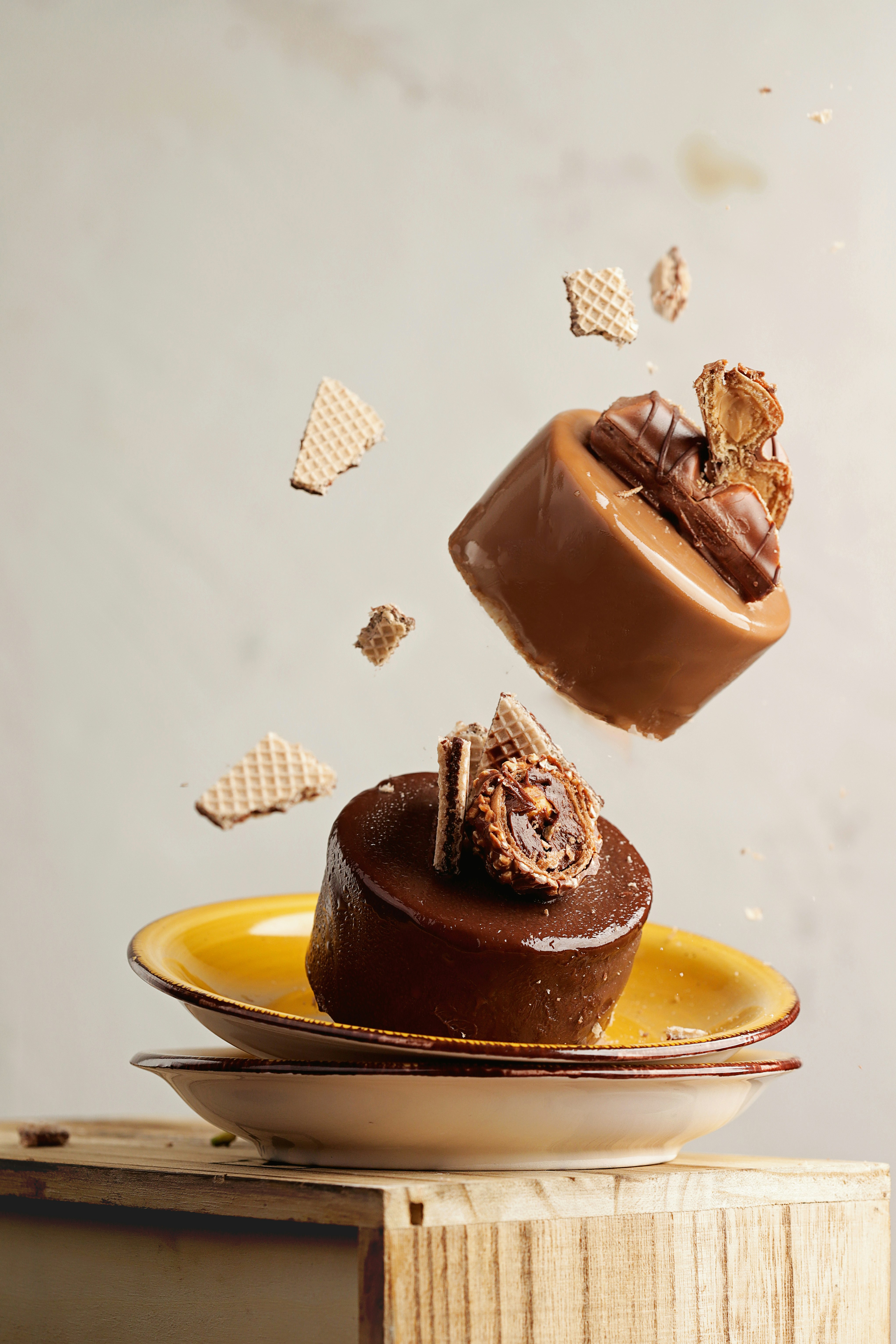 chocolate cake on yellow plate